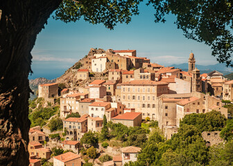 The iconic perched mountain village of Speloncato in the Balagne region of Corsica on a bright sunny day framed by a tree