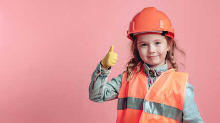 A cute happy smiling young American white girl dressed like a construction worker raises her thumb up on a plain vivid pink background with copy space for text.