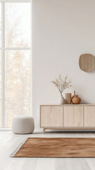 Modern sideboard next to a window in a luxury apartment with natural lighting, warm tones and minimal decor. Residential interior design composition with copyspace.