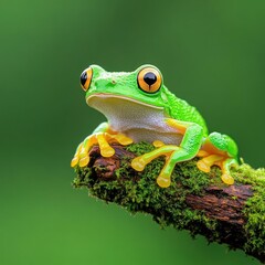 Obraz premium Close-up of a vibrant green frog with yellow accents perched on a mossy branch.