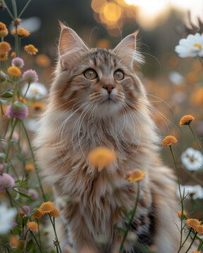 a Sisyphean kitten, big dopey eyes, fluffy, pastels, sitting for their picture in a garden