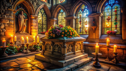 Fototapeta premium Ancient stone tomb with intricate carvings, adorned with candles and flowers, symbolizing reverence and hope, radiant illumination pouring in through a stunning stained-glass window.