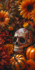 Day of the Dead Skull Amid Vibrant Autumn Flowers and Miniature Pumpkins