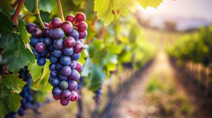 Naklejka premium Grapes hanging on the vine in an orchard with green leaves, with a blurred background of rows of grapevines.
