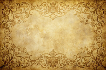 Antique-inspired parchment paper background with ornate scrollwork, distressed edges, and subtle texture, evoking a sense of vintage elegance and sophistication in digital design.