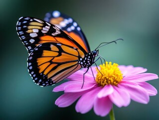Obraz premium A striking close-up of a vibrant butterfly perched delicately on a blooming flower