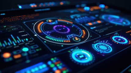 Obraz premium A close-up of a spacecraft's cockpit blueprint, with holographic displays for navigation and controls, neon blue accents, in a high-tech illustration style