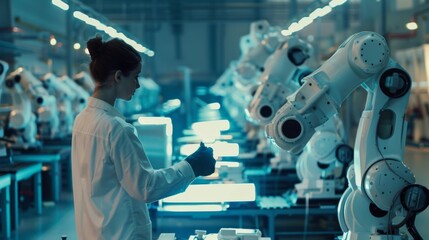 Engineer manager checking and controling automation robot arms machine in intelligent factory industrial