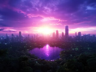 Fototapeta premium Vibrant purple sunrise over a cityscape with a lake reflecting the light.