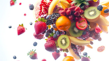 Berry and fruit assortment with various fruits, including bananas, strawberries, oranges, kiwi and pomegranate on a white background. The concept of abundance and freshness