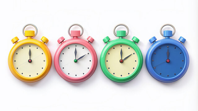 Assorted colorful stopwatches and clock icons isolated on white background, symbolizing time management, deadline, and punctuality concepts in a modern minimalist design style.