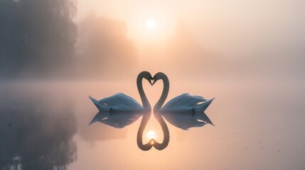 a romantic pair of swans swimming in the lake