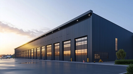 Obraz premium Modern 3D rendering of a warehouse exterior with sleek gray metal cladding and large garage doors at sunset, showcasing an industrial building ideal for storage, commercial cargo services, or business