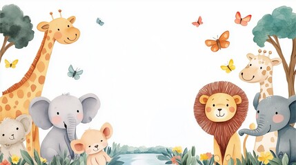 Watercolor painting of adorable zoo animals on white background with space for text.