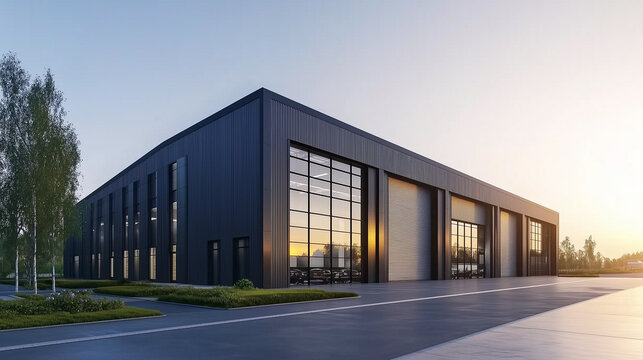Modern 3D rendering of a warehouse exterior with sleek gray metal cladding and large garage doors at sunset, showcasing an industrial building ideal for storage, commercial cargo services, or business