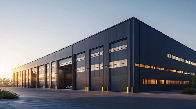 Modern 3D rendering of a warehouse exterior with sleek gray metal cladding and large garage doors at sunset, showcasing an industrial building ideal for storage, commercial cargo services, or business