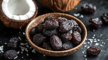 Obraz premium Large date fruits in cups and coconut flakes