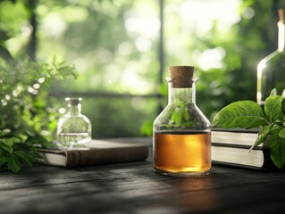 Glass bottle with cork stopper filled with liquid, surrounded by leaves and books on wooden table.