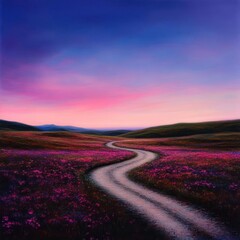 Naklejka premium A winding dirt road leads through a field of purple wildflowers at sunset.