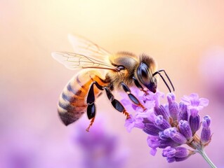 Close-up of a honey bee pollinating a lavender flower.