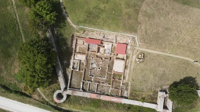 Aerial view of ruins of ancient Roman city Nicopolis ad Nestum near town of Garmen, Blagoevgrad Region, Bulgaria