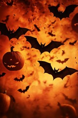 A Halloween themed poster with bats flying around a pumpkin. The poster is orange and black, and the bats are in various positions, some flying close to the pumpkin and others further away