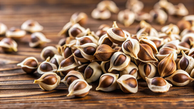 Close-up of moringa seeds scattered on a wooden table, showcasing their tiny, brown, and fragile texture, with a natural and earthy tone background.