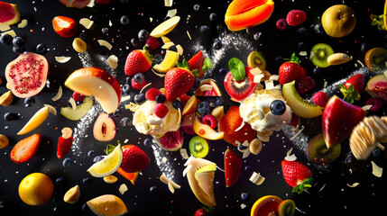 Obraz premium A bright fruity exotic salad with strawberries, blueberries, kiwi, apples and vanilla ice cream balls. The image is a collage of pieces of fruit, some of which fall on a black table