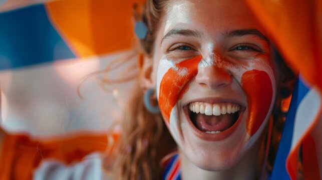 Vibrant Portrait of a Joyful Female Dutch Supporter with a Dutch Flag Painted on Her Face, Celebrating - Powered by Adobe