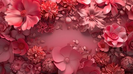 Sophisticated 3D Abstract Scene with Deep Pink and Coral Floral Motifs, Luxuriously Gilded for Glamour