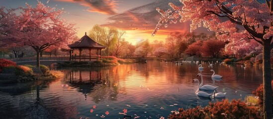 Peaceful Sunset with Swans in a Japanese Garden