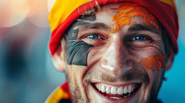 Vibrant Portrait of a Joyful male Germany Supporter with a German Flag Painted on His Face, Celebrating
