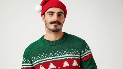 Middle-aged man with a beard is smiling happily during the Christmas festival in 2024.