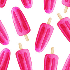 Watercolor summer seamless pattern with  bright pink ice cream for cafe design, wrapping paper, gift. Vector