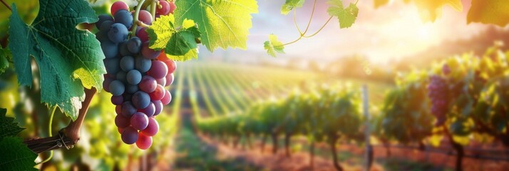 Fototapeta premium Grapes hanging on the vine in an orchard with green leaves, with a blurred background of rows of grapevines.