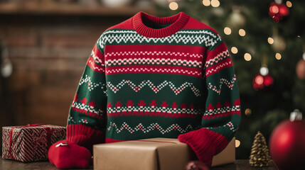 Christmas Sweater with Stylish Patterns Surrounded by Gift Boxes and Warm Christmas Tree Background for Social Media