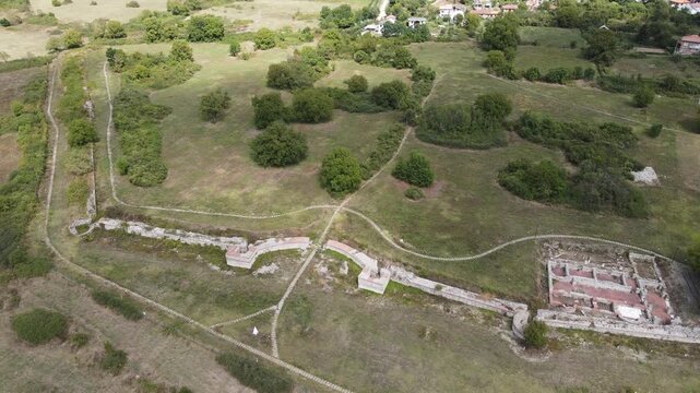 Aerial view of ruins of ancient Roman city Nicopolis ad Nestum near town of Garmen, Blagoevgrad Region, Bulgaria
