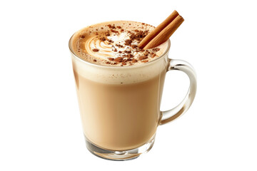 Obraz premium Cup of rich creamy coffee or chai latte crowned with fluffy whipped cream and a sprinkle of cinnamon isolated on white background with clipping path. The warm beverage for cozy afternoon, radiating co