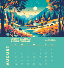 Calendar template featuring stunning Editable vector landscapes that beautifully capture the essence of each season.Perfect for digital or offset printing with true-to-life colors. 
