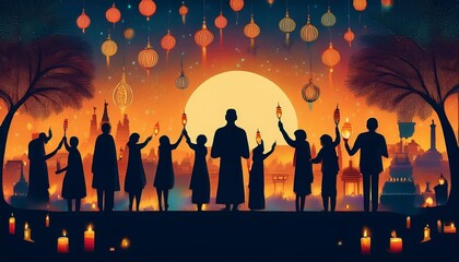 Festivals and holidays -Silhouettes of people celebrating festivals like Diwali or other culturally relevant background