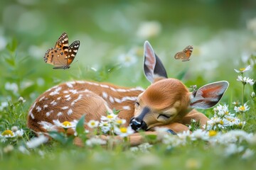 Fototapeta premium A peaceful fawn sleeping amidst wildflowers, accompanied by delicate butterflies fluttering above in a serene natural setting.