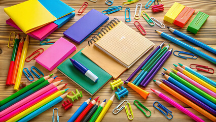 Colorful assortment of office supplies and stationery, including pens, pencils, paper clips, notebooks, and folders, scattered across a clean wooden desk surface.