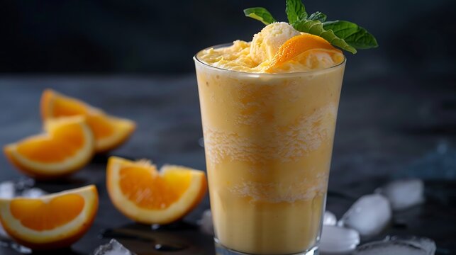 Milk shake with orange and mint in a glass on the table