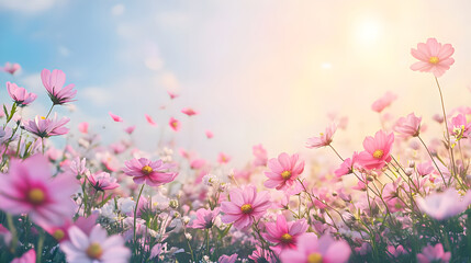 Beautiful cosmos flower field with a wide area