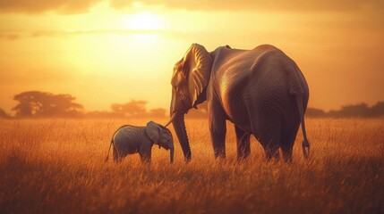Naklejka premium A tranquil sunset scene featuring an adult elephant and its calf in a golden savanna, symbolizing love and family in nature.