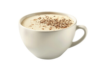 Cup of rich creamy coffee or chai latte crowned with fluffy whipped cream and a sprinkle of cinnamon isolated on white background with clipping path. The warm beverage for cozy afternoon, radiating co