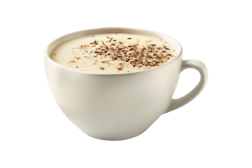 Cup of rich creamy coffee or chai latte crowned with fluffy whipped cream and a sprinkle of cinnamon isolated on white background with clipping path. The warm beverage for cozy afternoon, radiating co