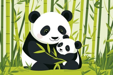 Obraz premium Charming illustration of a mother panda and her cub surrounded by vibrant bamboo. Perfect for wildlife themes and children's content.