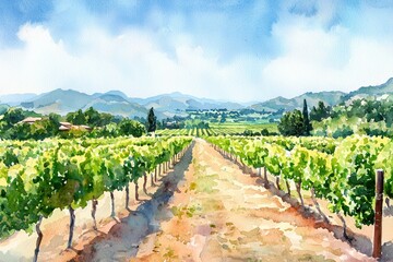 Naklejka premium A scenic view of a vineyard path surrounded by lush grapes and rolling hills, captured in a beautiful watercolor style.