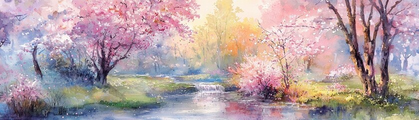 Fototapeta premium A serene landscape featuring blooming trees, vibrant flowers, and a tranquil stream, creating a peaceful and colorful scene.
